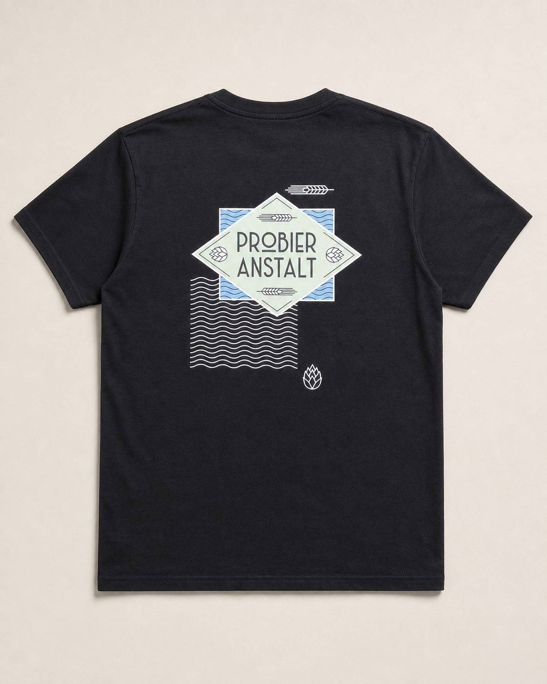 Schwarzes Shirt mit Probier-Anstalt-Rückenmotiv